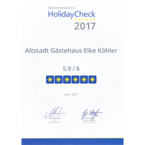 HolidayCheck-Auszeichnung 2017 - Pension Köhler Dresden