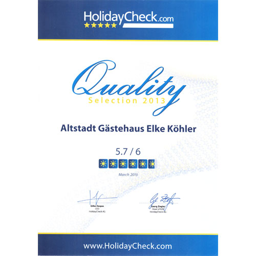 HolidayCheck-Auszeichnung 2013 - Pension Köhler Dresden