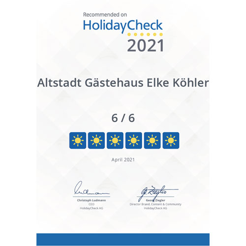 HolidayCheck-Auszeichnung 2021 - Pension Köhler Dresden