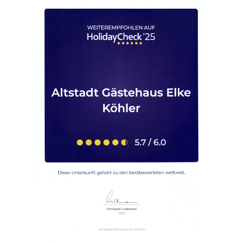 HolidayCheck-Auszeichnung 2025 - Pension Köhler Dresden